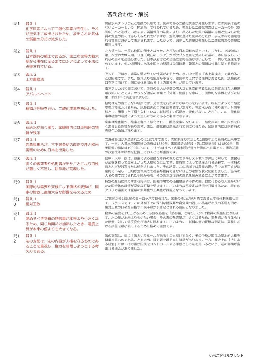 島根の公立高校入試 無料プリント一覧 答え（サンプル）