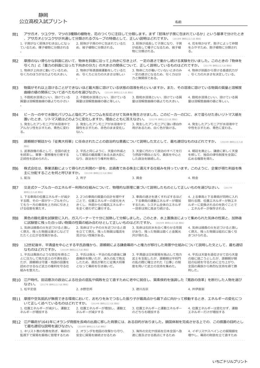 静岡の公立高校入試 無料プリント一覧 問題（サンプル）