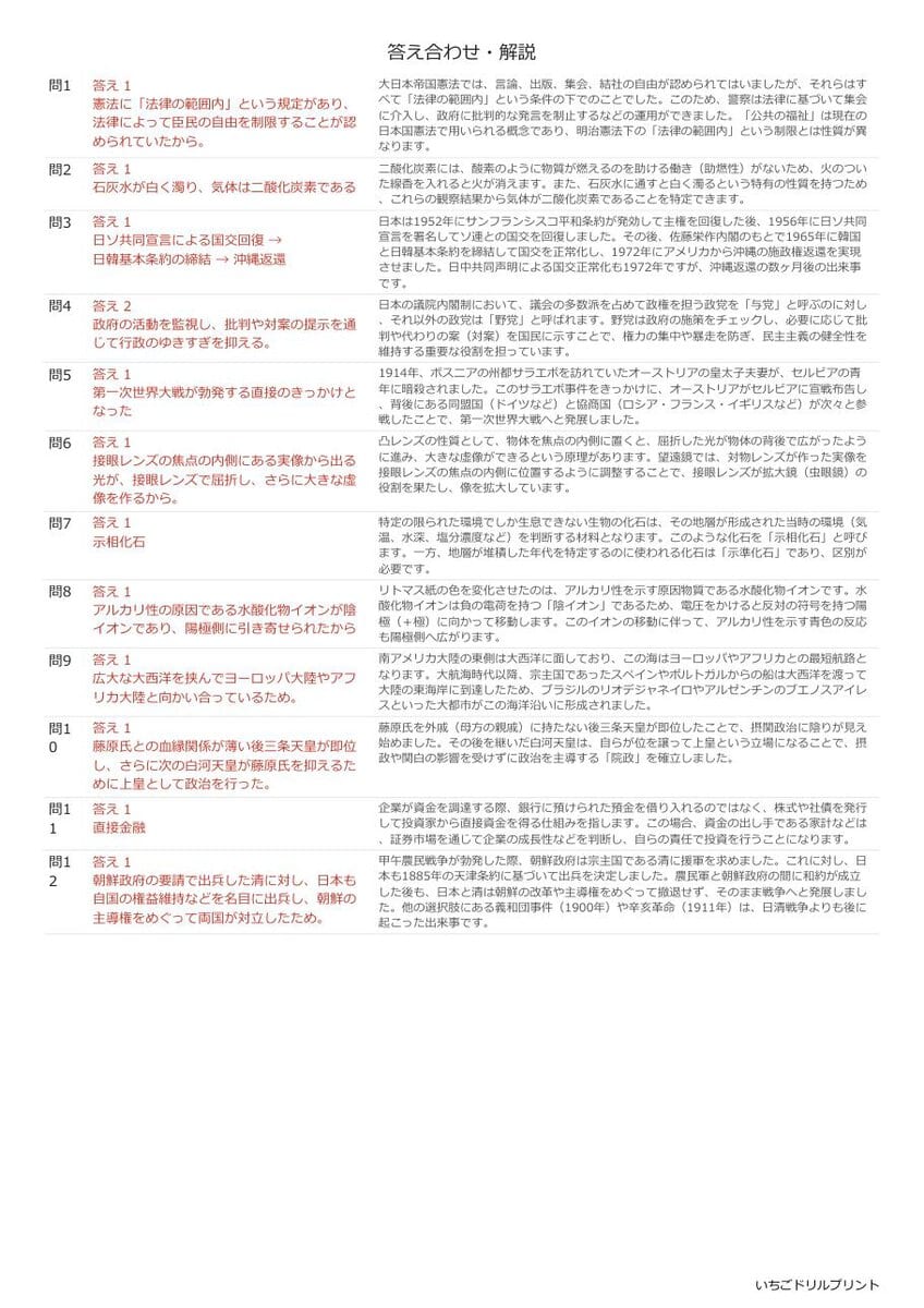 徳島の公立高校入試 無料プリント一覧 答え（サンプル）