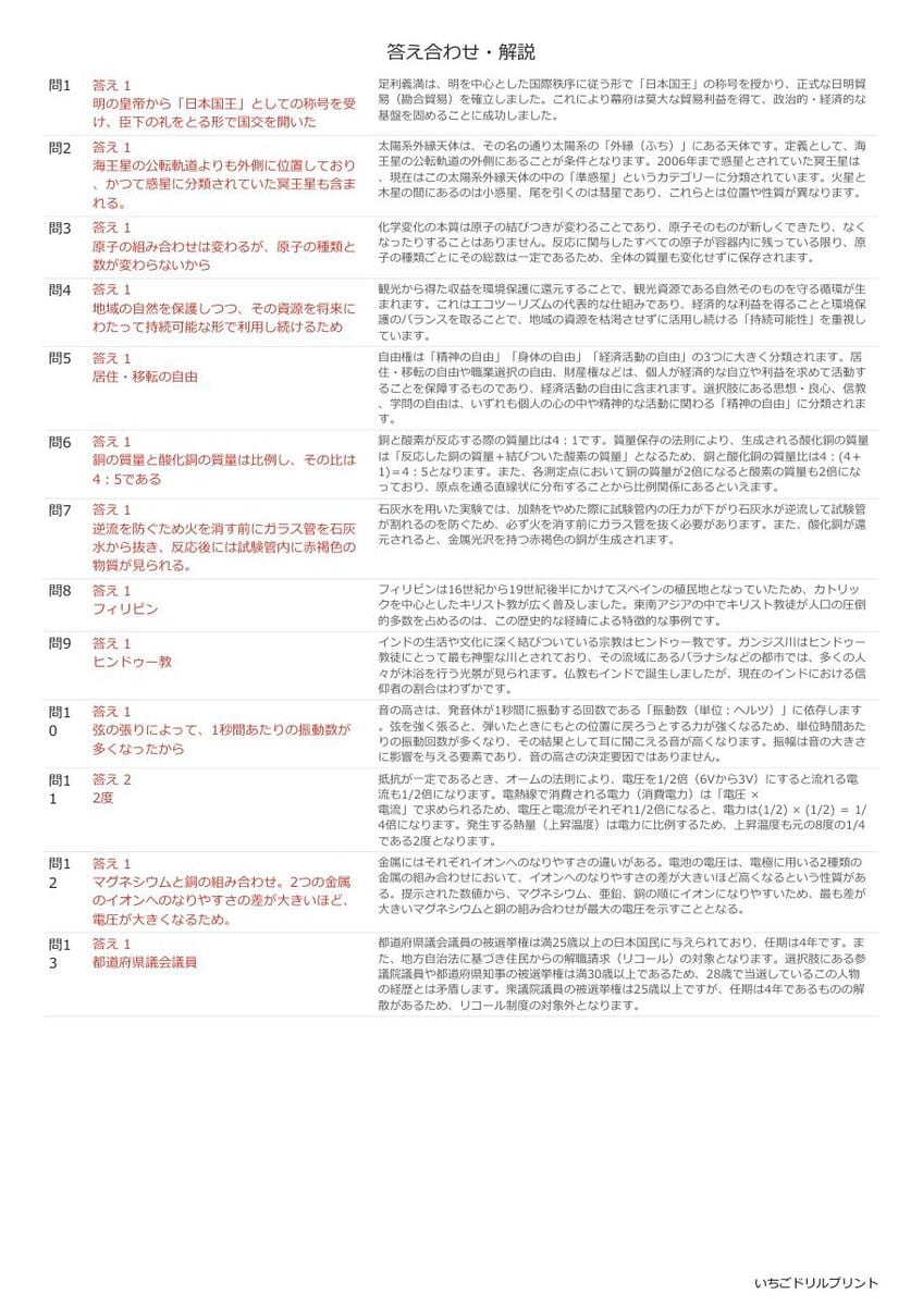 鳥取の公立高校入試 無料プリント一覧 答え（サンプル）