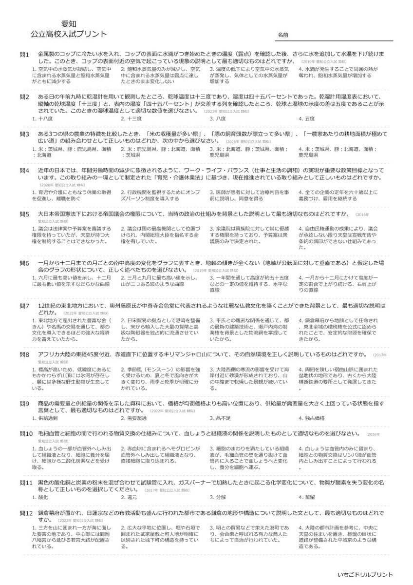愛知の公立高校入試 無料プリント一覧 問題（サンプル）