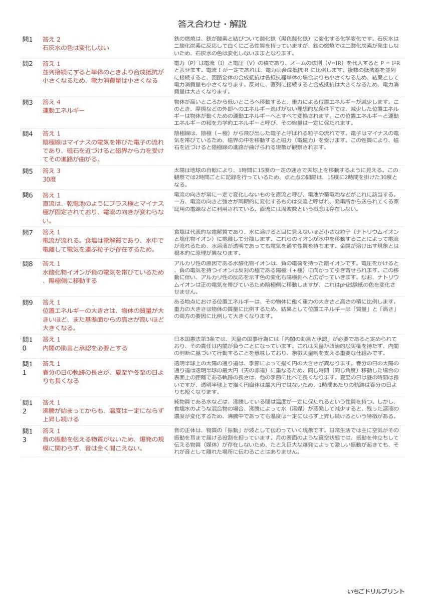 石川の公立高校入試 無料プリント一覧 答え（サンプル）