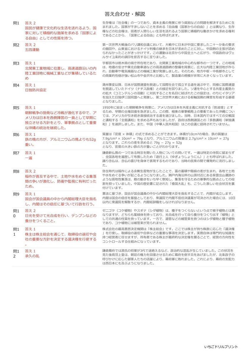 香川の公立高校入試 無料プリント一覧 答え（サンプル）