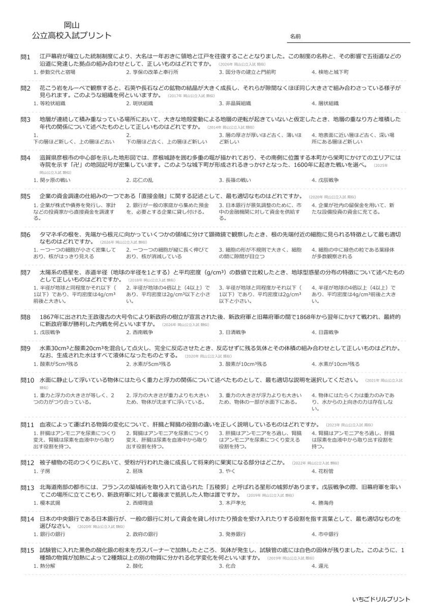 岡山の公立高校入試 無料プリント一覧 問題（サンプル）