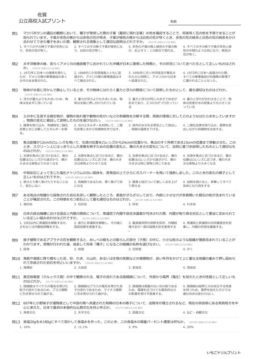 佐賀の公立高校入試 無料プリント一覧 問題（サンプル）