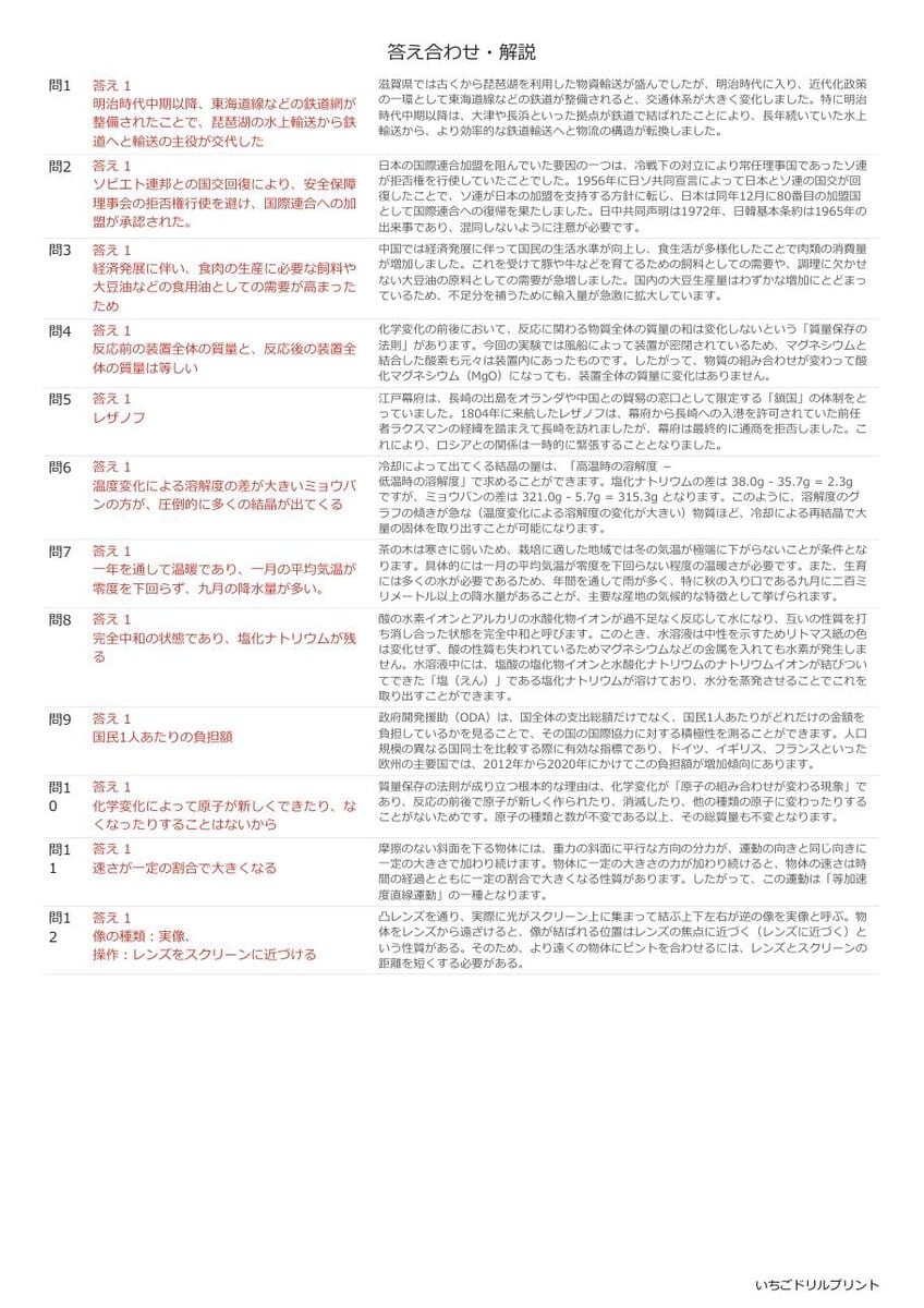 滋賀の公立高校入試 無料プリント一覧 答え（サンプル）