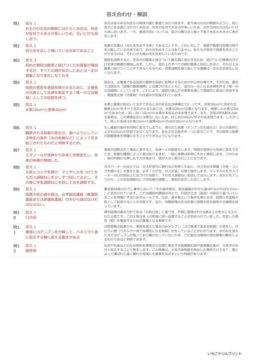静岡の公立高校入試 無料プリント一覧 答え（サンプル）