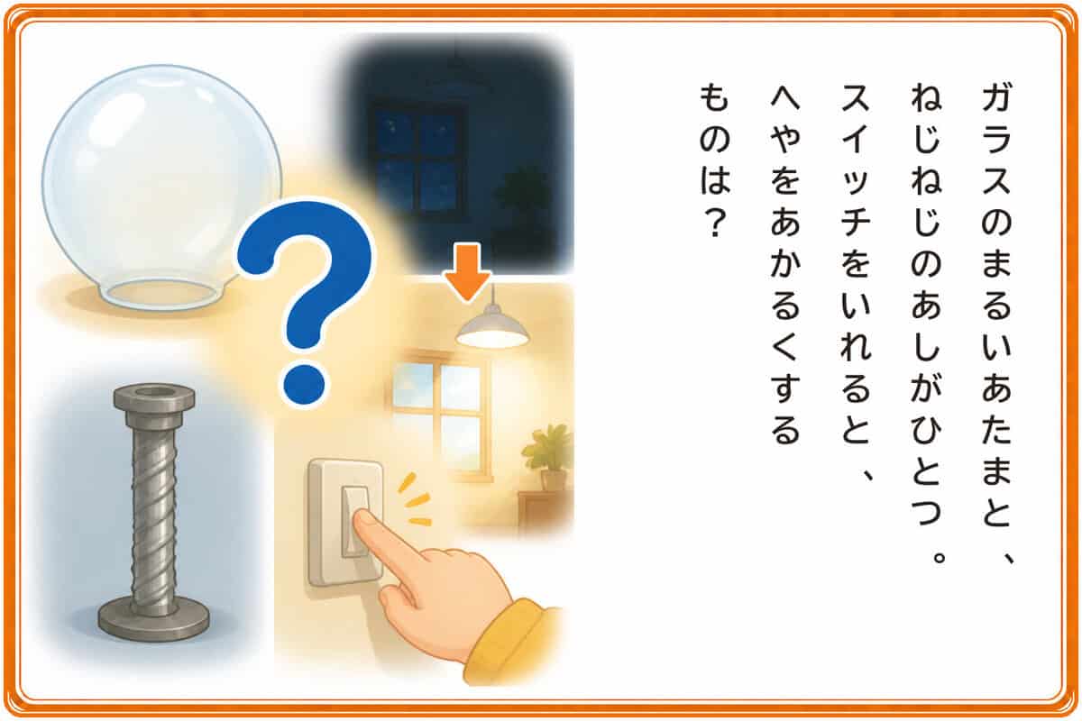 ガラスのまるいあたまと、
ねじねじのあしがひとつ。
スイッチをいれると、へやをあかるくするものは？