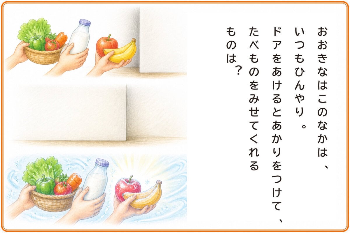 おおきなはこのなかは、いつもひんやり。
ドアをあけるとあかりをつけて、
たべものをみせてくれるものは？