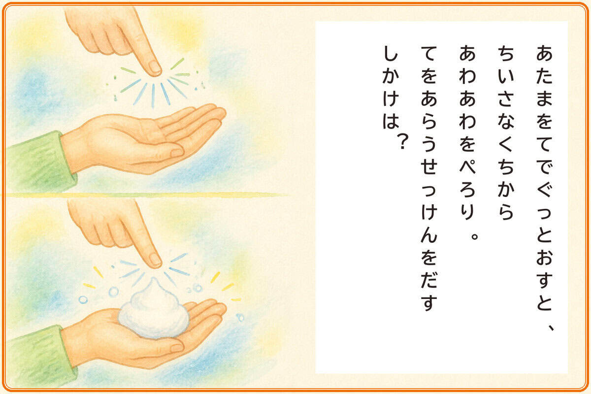 あたまをてでぐっとおすと、
ちいさなくちからあわあわをぺろり。
てをあらうせっけんをだすしかけは？