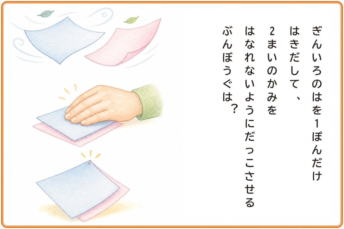 ぎんいろのはを1ぽんだけはきだして、2まいのかみをはなれないようにだっこさせるぶんぼうぐは？