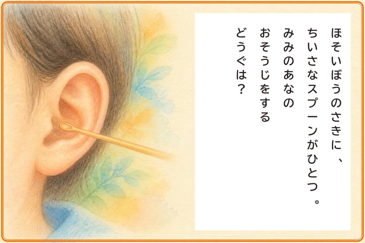 ほそいぼうのさきに、
ちいさなスプーンがひとつ。
みみのあなのおそうじをするどうぐは？