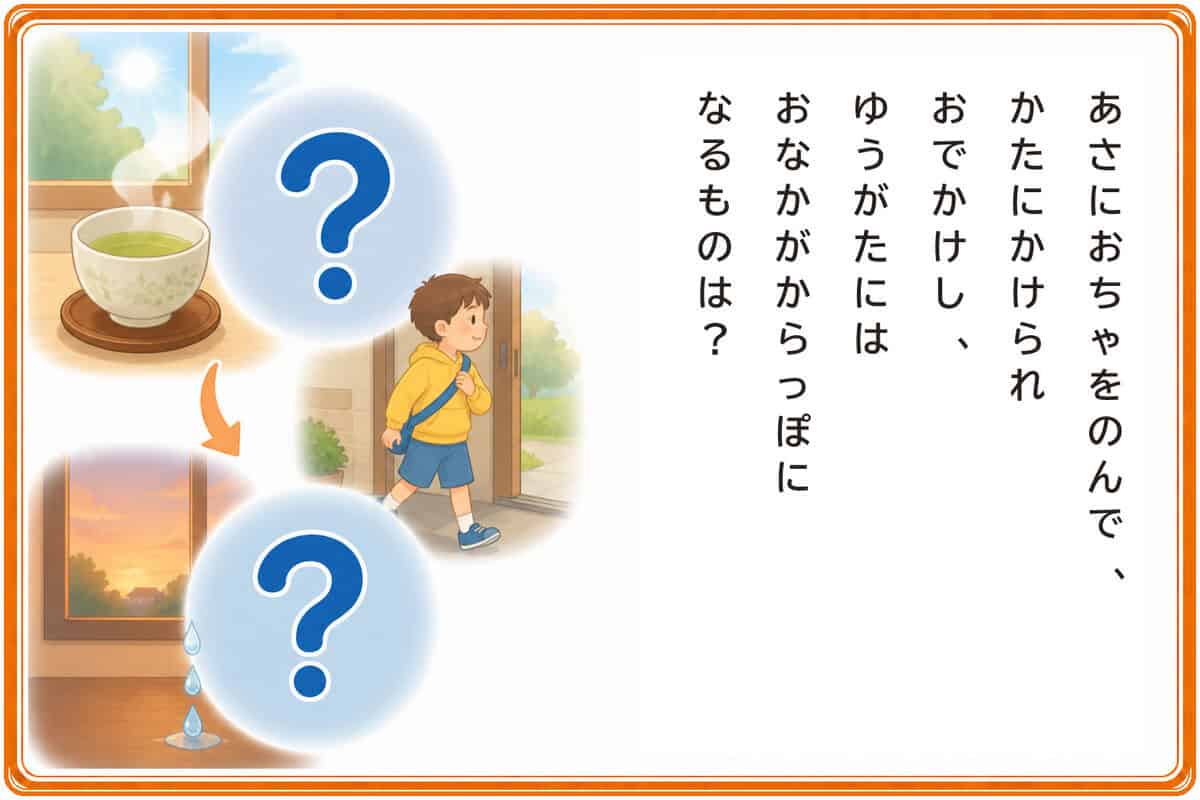 あさにおちゃをのんで、
かたにかけられおでかけし、
ゆうがたにはおなかがからっぽになるものは？