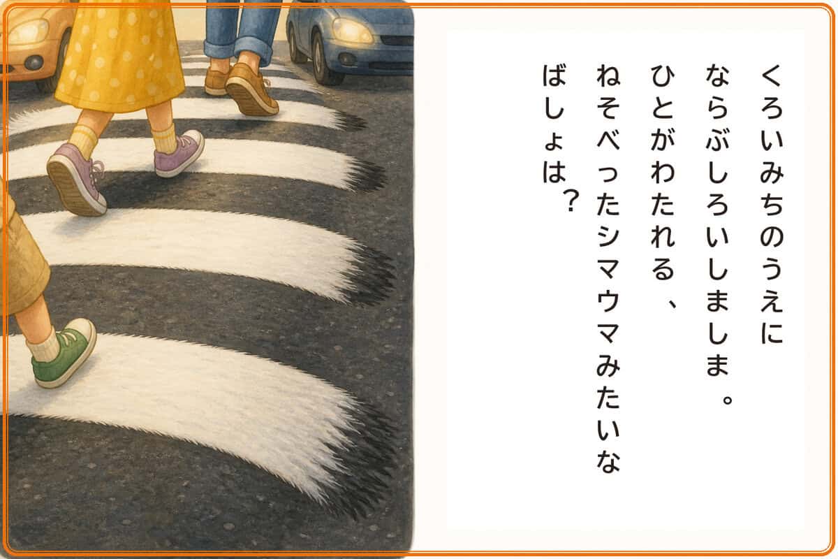 くろいみちのうえにならぶしろいしましま。
ひとがわたれる、ねそべったシマウマみたいなばしょは？