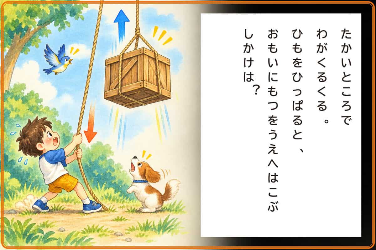 たかいところでわがくるくる。
ひもをひっぱると、
おもいにもつをうえへはこぶしかけは？
