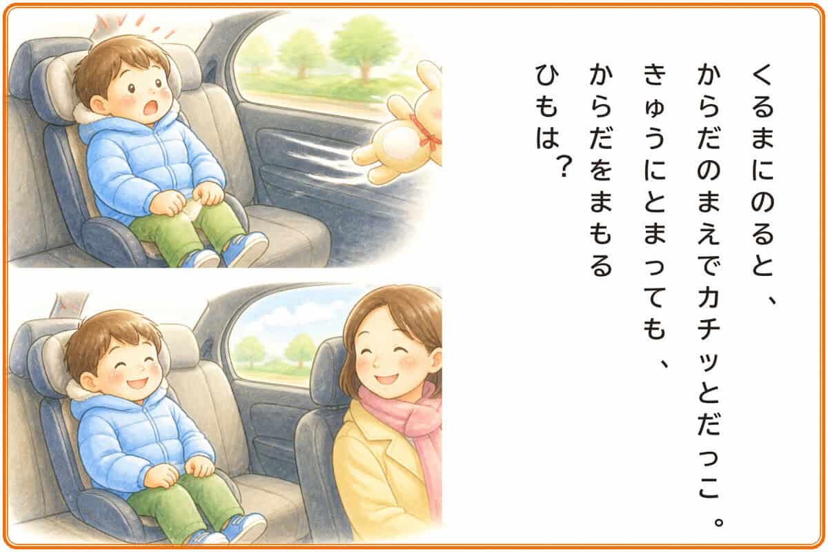 くるまにのると、からだのまえでカチッとだっこ。
きゅうにとまっても、からだをまもるひもは？