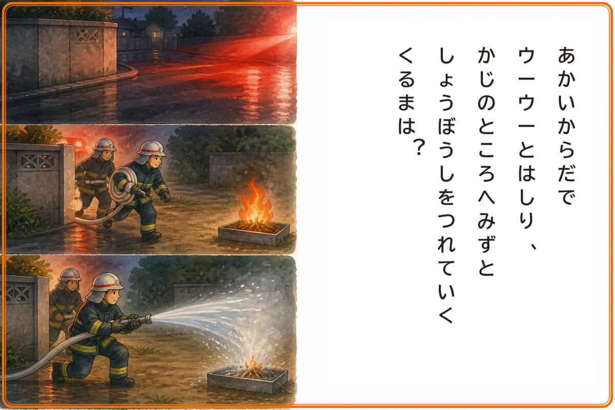 あかいからだでウーウーとはしり、かじのところへみずとしょうぼうしをつれていくくるまは？