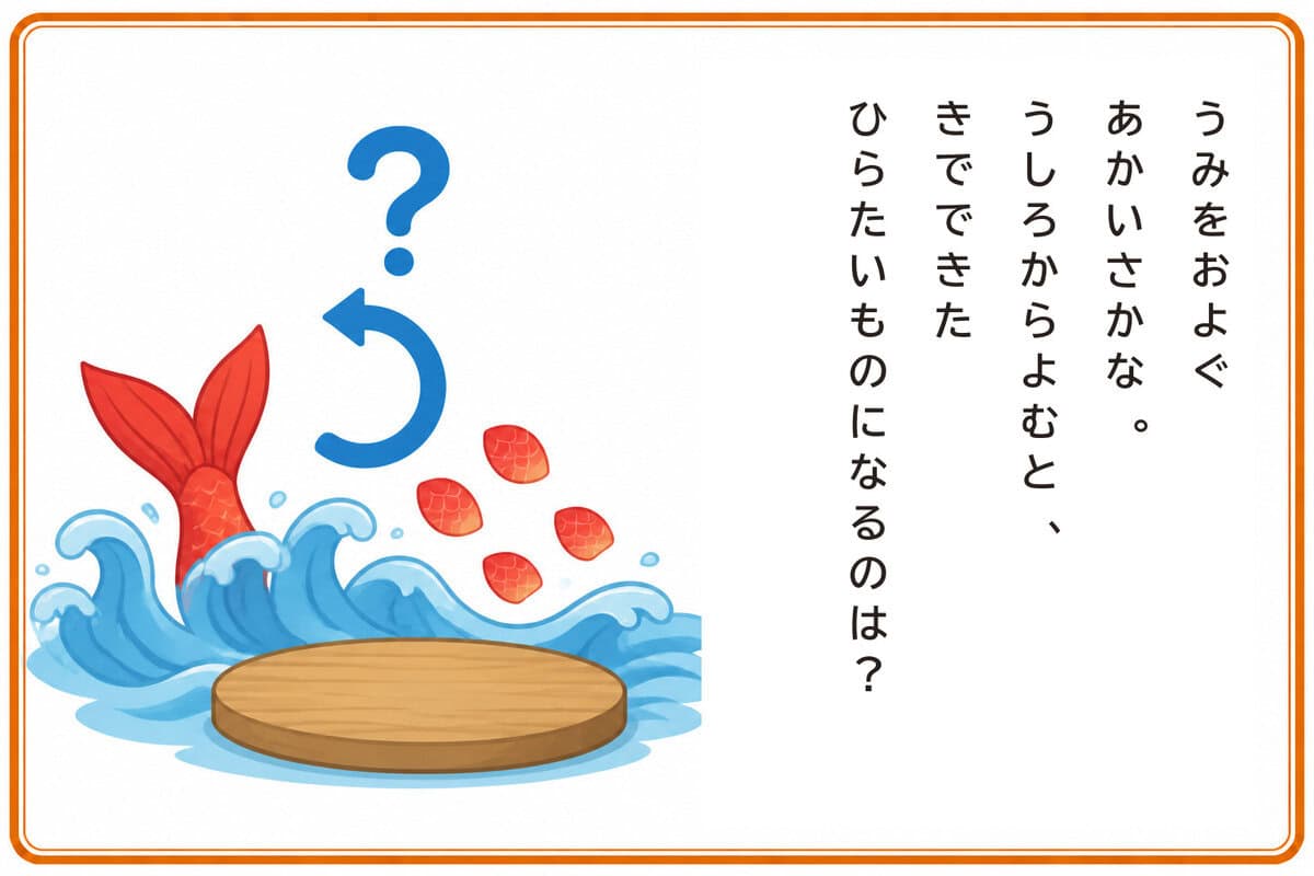 うみをおよぐあかいさかな。
うしろからよむと、
きでできたひらたいものになるのは？