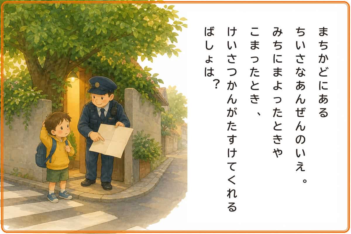 まちかどにあるちいさなあんぜんのいえ。
みちにまよったときやこまったとき、けいさつかんがたすけてくれるばしょは？