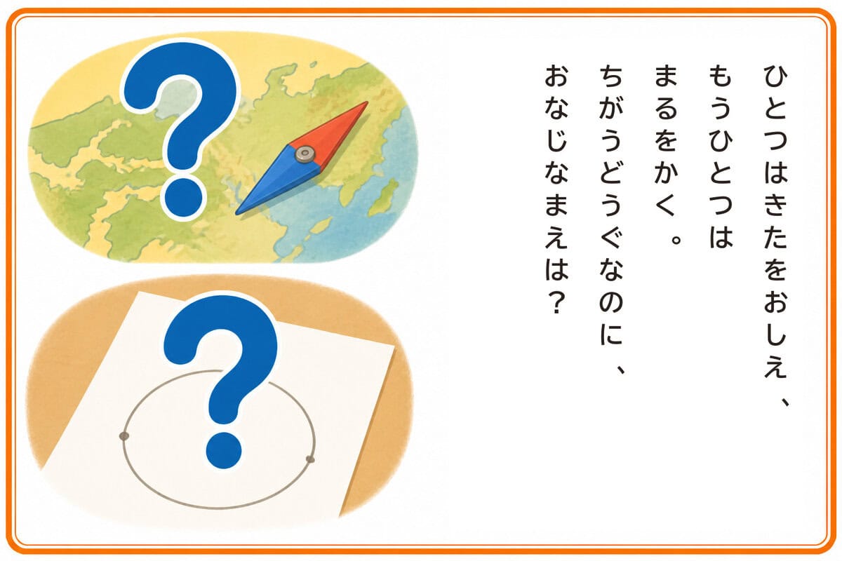 ひとつはきたをおしえ、
もうひとつはまるをかく。
ちがうどうぐなのに、おなじなまえは？
