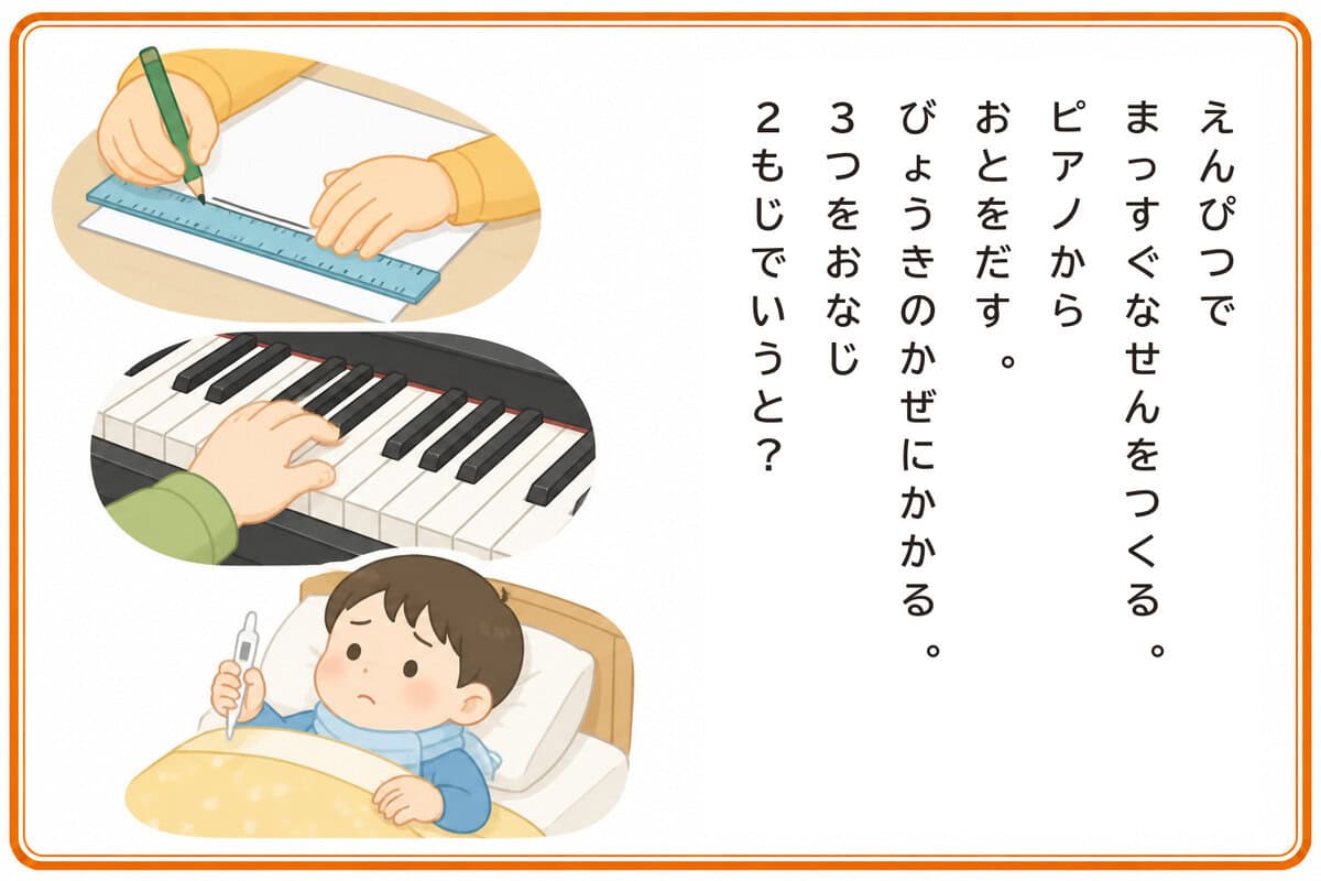 えんぴつでまっすぐなせんをつくる。
ピアノからおとをだす。
びょうきのかぜにかかる。3つをおなじ2もじでいうと？