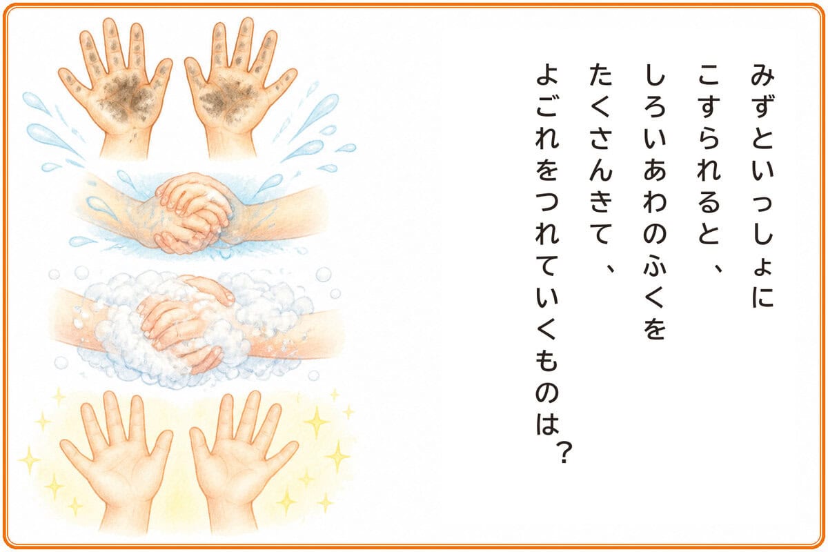 みずといっしょにこすられると、しろいあわのふくをたくさんきて、よごれをつれていくものは？