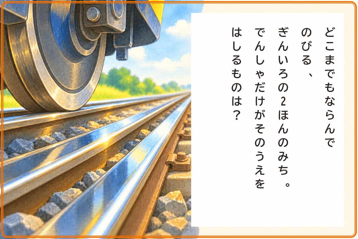 どこまでもならんでのびる、
ぎんいろの2ほんのみち。
でんしゃだけがそのうえをはしるものは？