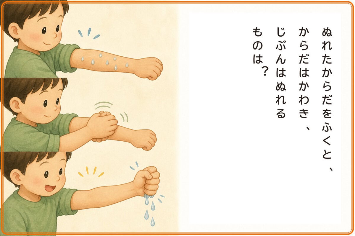 ぬれたからだをふくと、
からだはかわき、じぶんはぬれるものは？