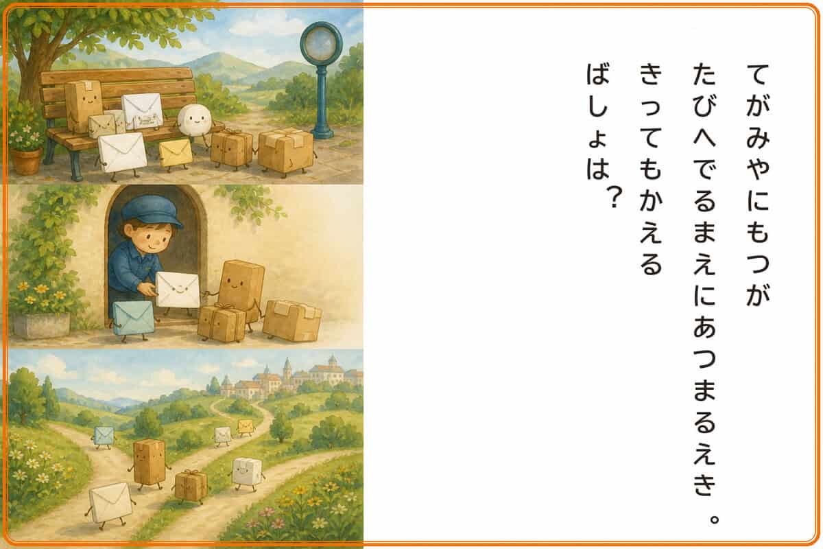 てがみやにもつがたびへでるまえにあつまるえき。
きってもかえるばしょは？