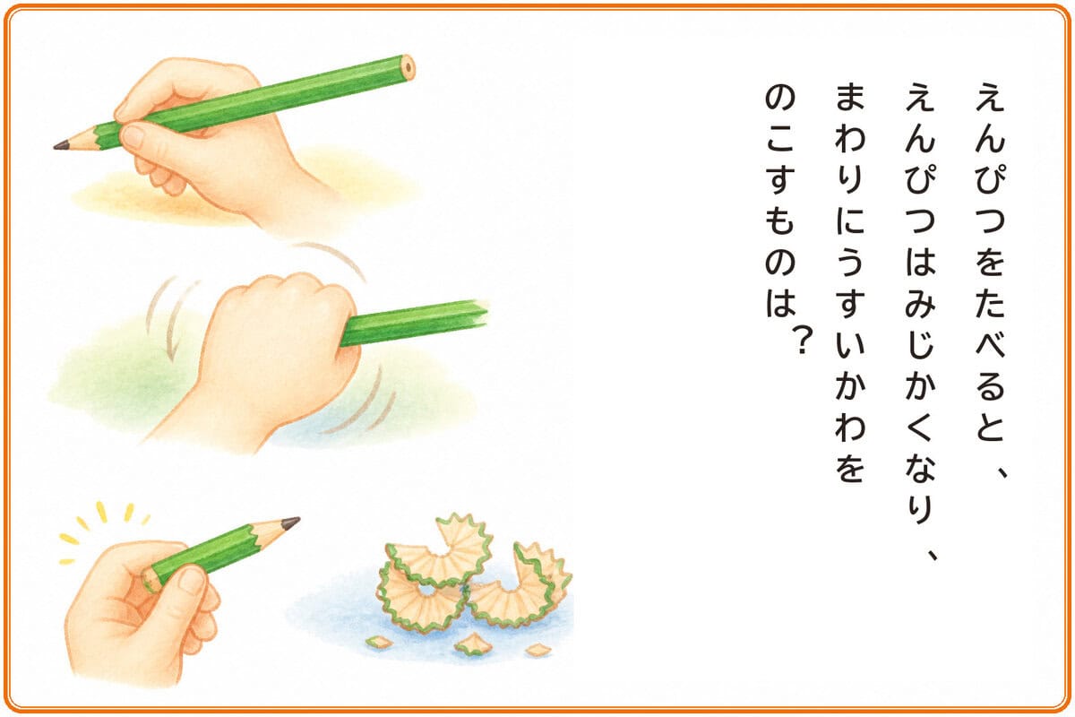 えんぴつをたべると、
えんぴつはみじかくなり、
まわりにうすいかわをのこすものは？