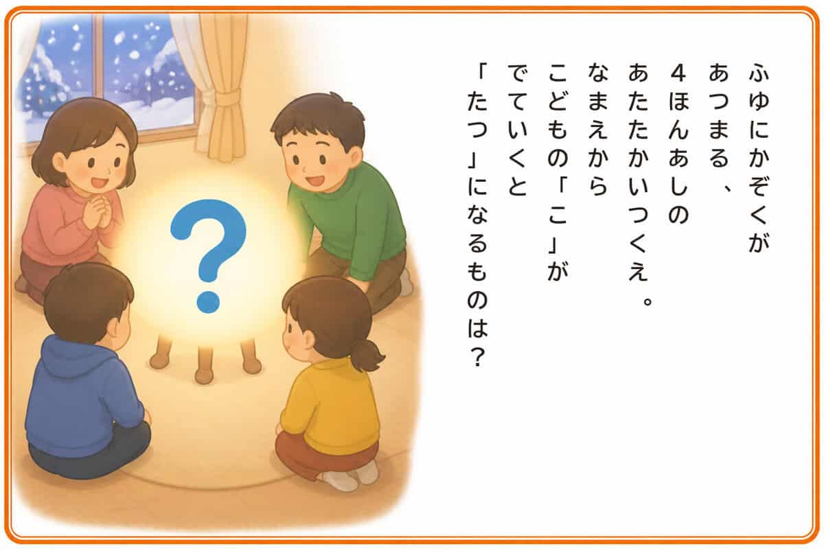 ふゆにかぞくがあつまる、
4ほんあしのあたたかいつくえ。
なまえからこどもの「こ」がでていくと「たつ」になるものは？