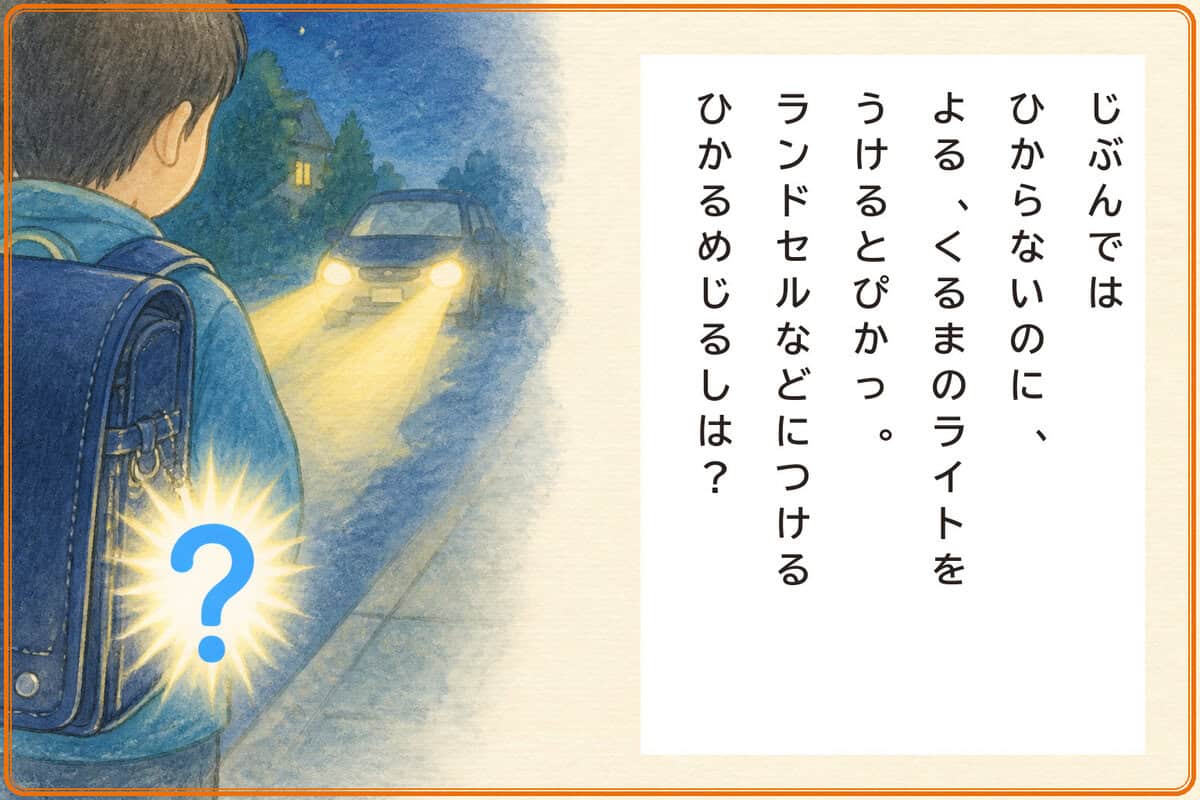じぶんではひからないのに、
よる、くるまのライトをうけるとぴかっ。
ランドセルなどにつけるひかるめじるしは？
