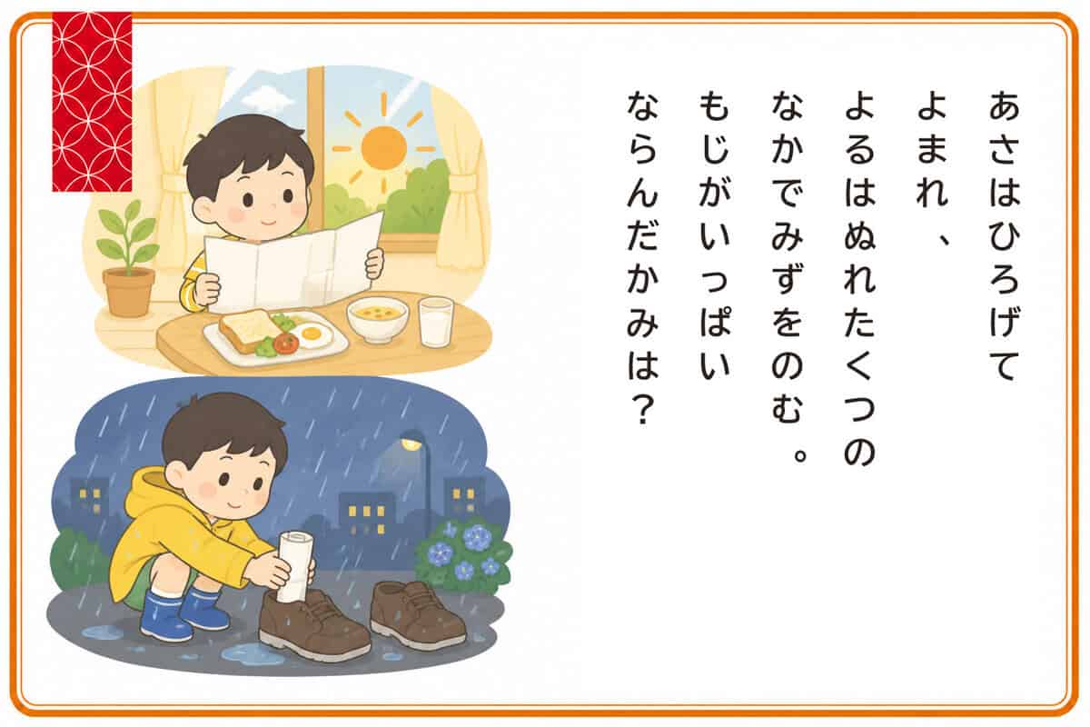 あさはひろげてよまれ、
よるはぬれたくつのなかでみずをのむ。
もじがいっぱいならんだかみは？