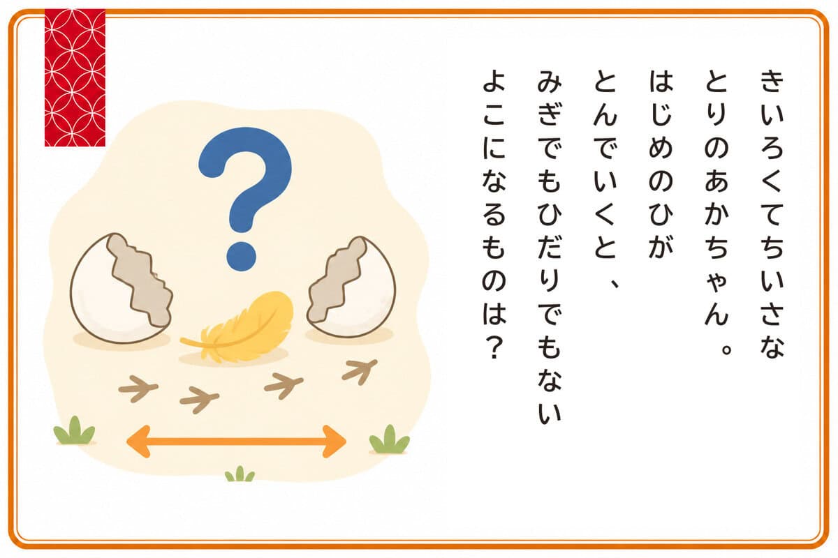 きいろくてちいさなとりのあかちゃん。
はじめの「ひ」がとんでいくと、
みぎでもひだりでもない「よこ」になるものは？