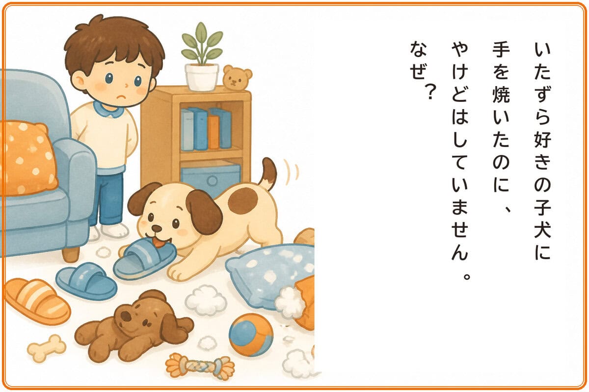 いたずら好きの子犬に手を焼いたのに、やけどはしていません。なぜ？