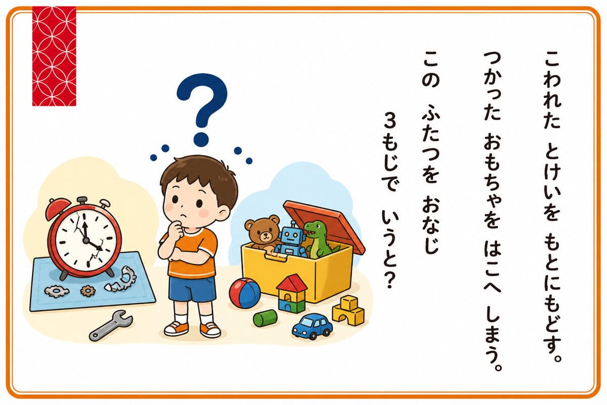 こわれたとけいをもとにもどす。
つかったおもちゃをはこへしまう。
このふたつをおなじ3もじでいうと？