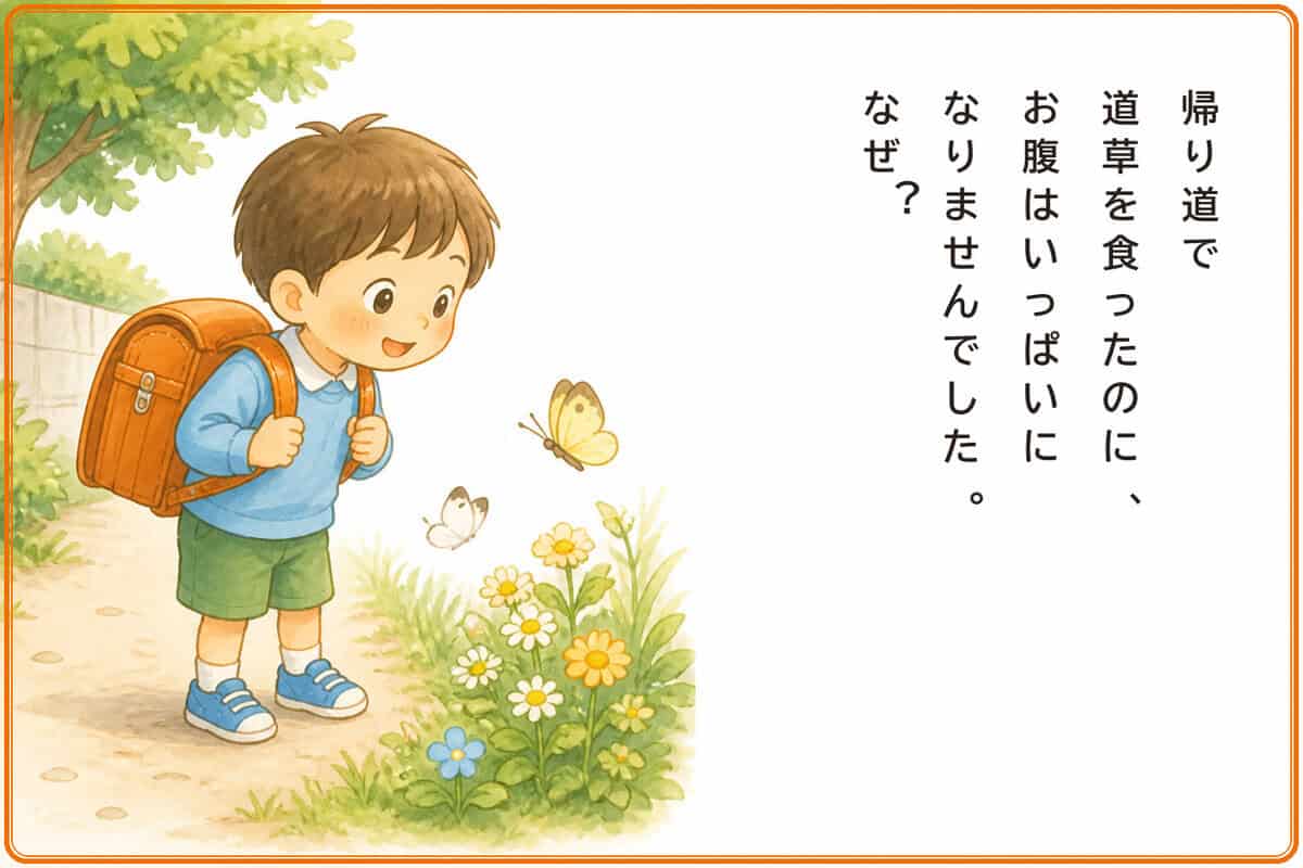 帰り道で道草を食ったのに、お腹はいっぱいになりませんでした。なぜ？