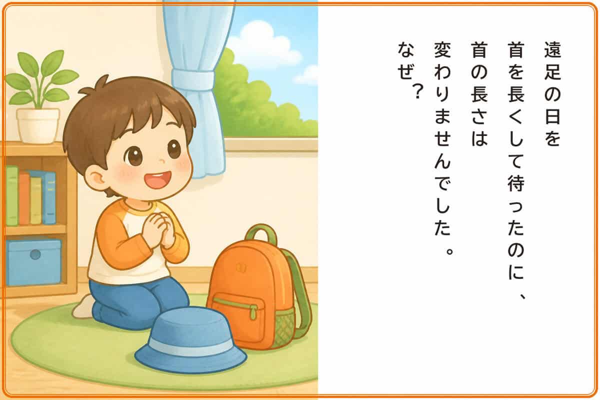 遠足の日を首を長くして待ったのに、首の長さは変わりませんでした。なぜ？