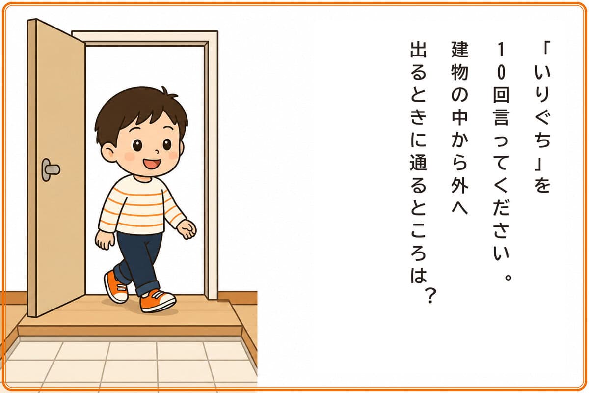 「いりぐち」と10回言ってから答えてください。建物の中から外へ出るときに通るところは？