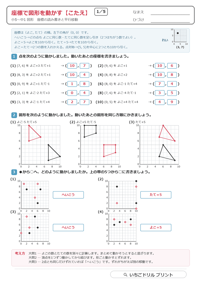 座標で図形を動かすプリント(座標を書く・図形をかく・逆算するの3方向)全5枚 答え(サンプル)