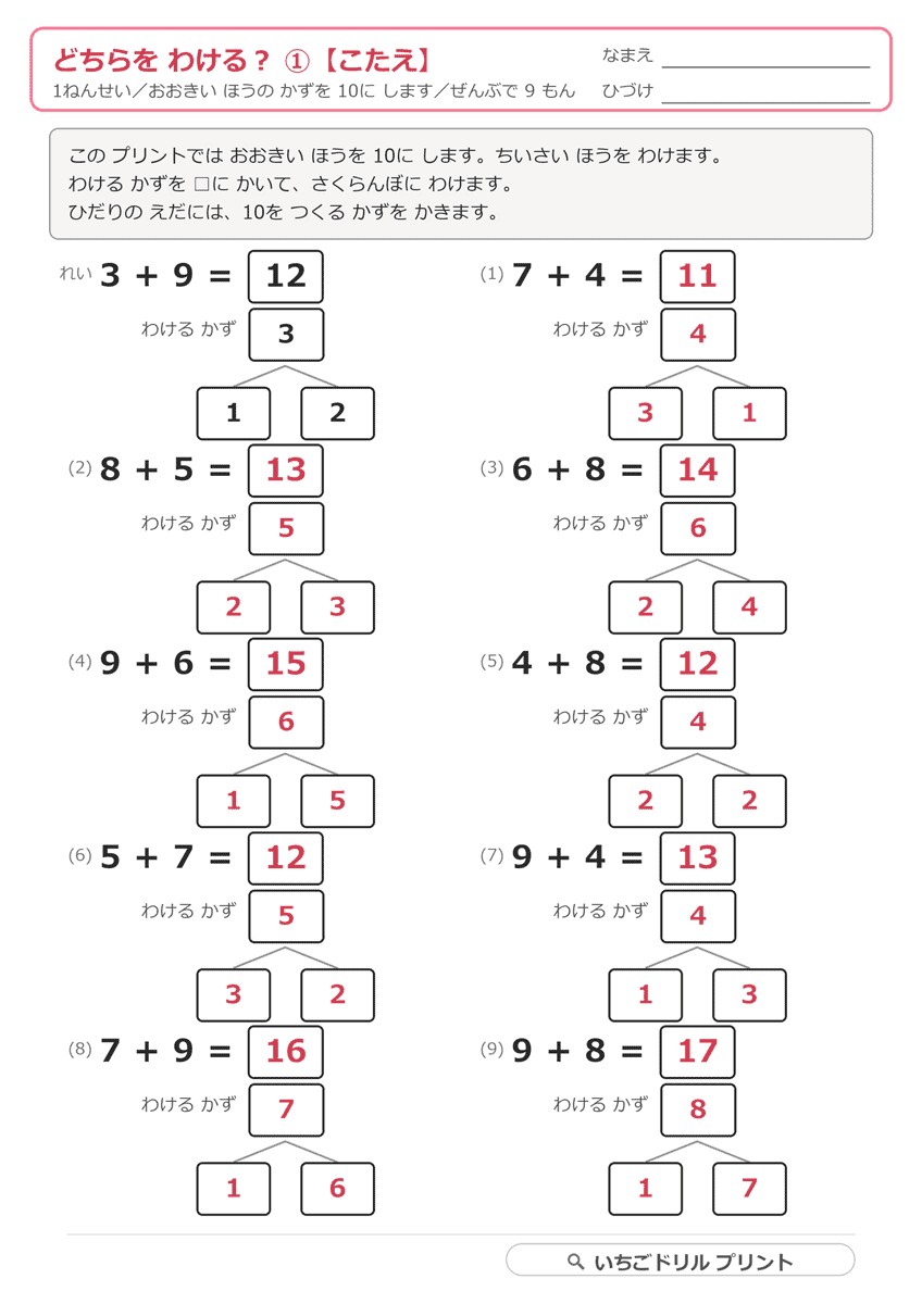 どちらを分けるか自分で決める さくらんぼ計算プリント(5枚) 答え(サンプル)