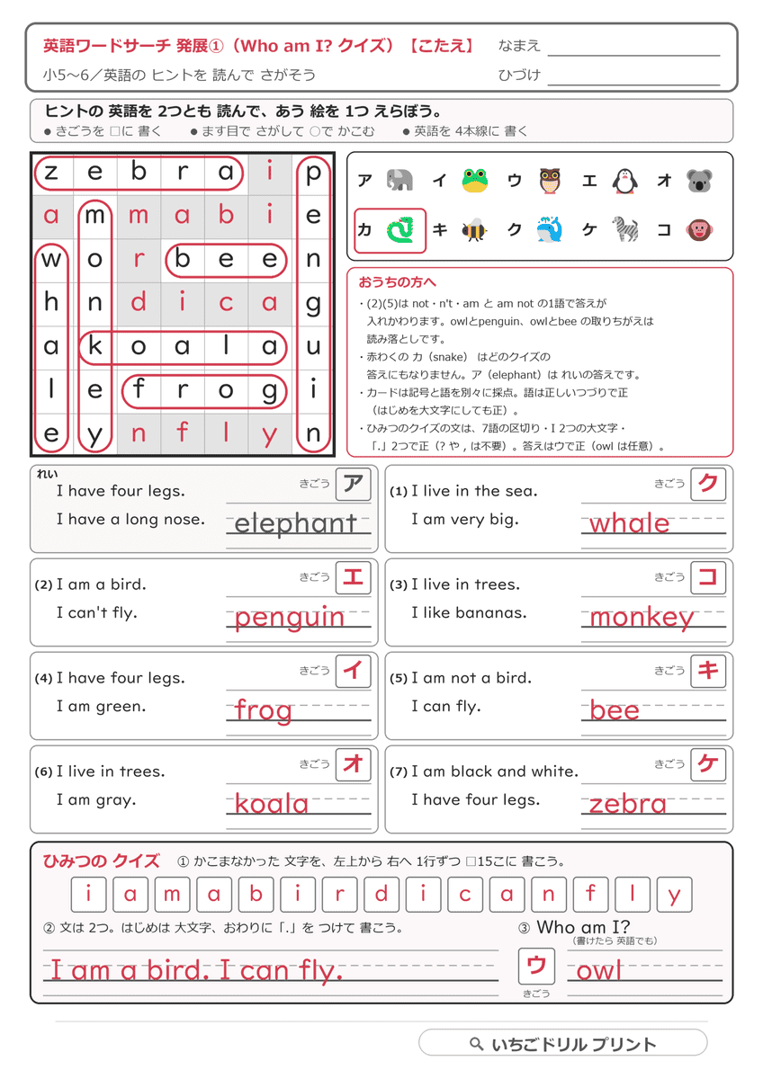 Who am I? クイズ|英語のヒント2文で絵をえらぶ(全5枚) 答え(サンプル)