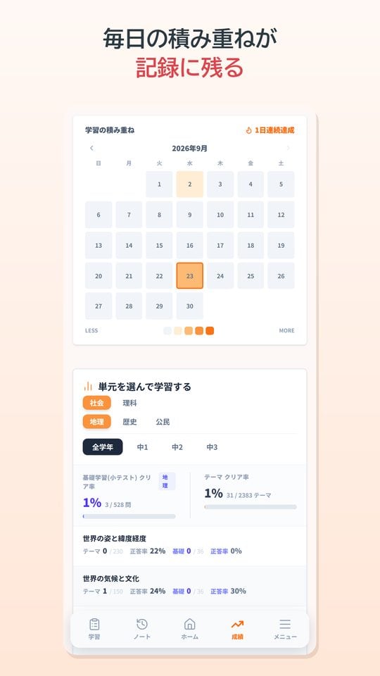 アプリ画面：学習の進み具合を記録