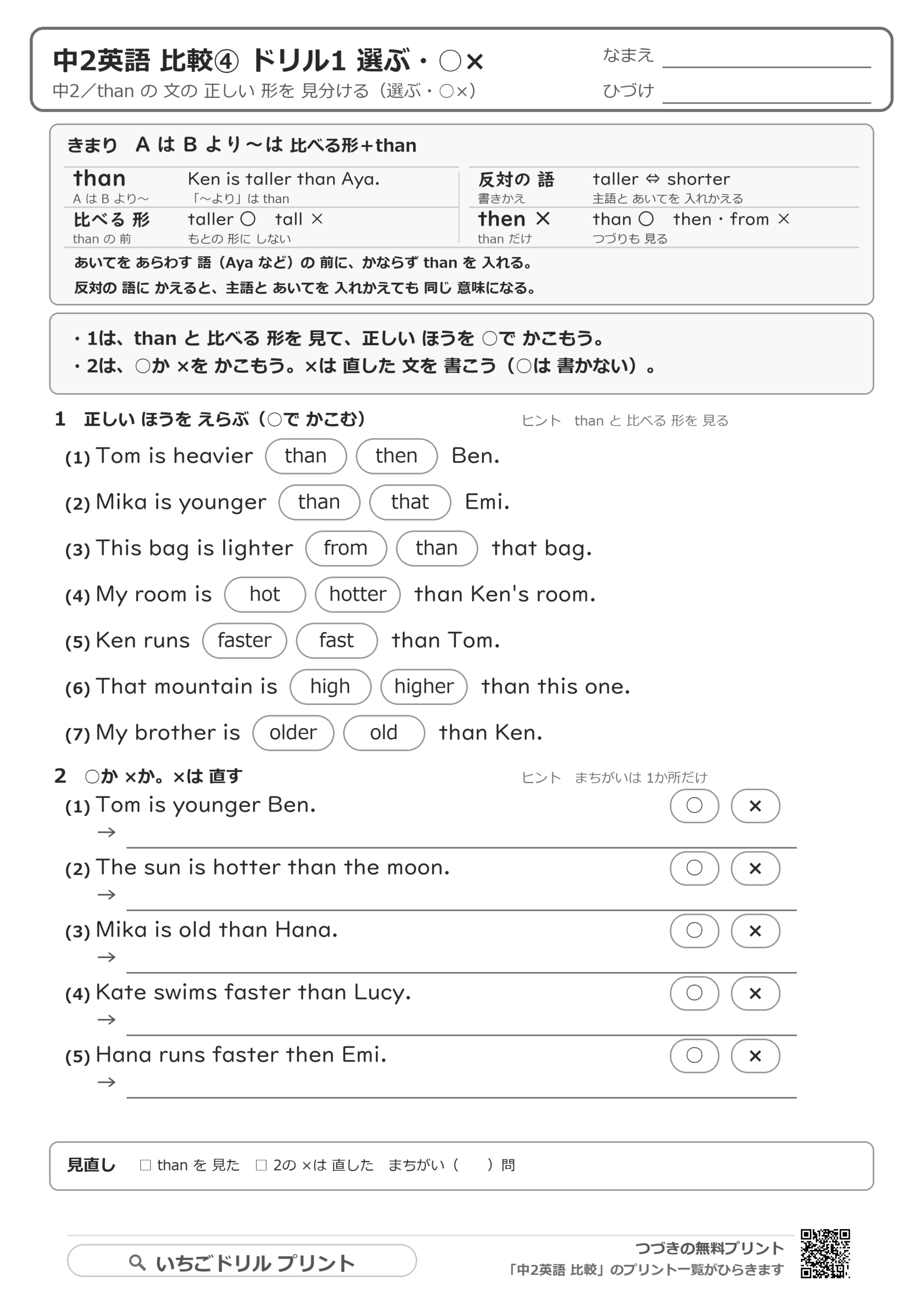 than の文:A is 比べる形 than B と反意語の書きかえのドリルの問題