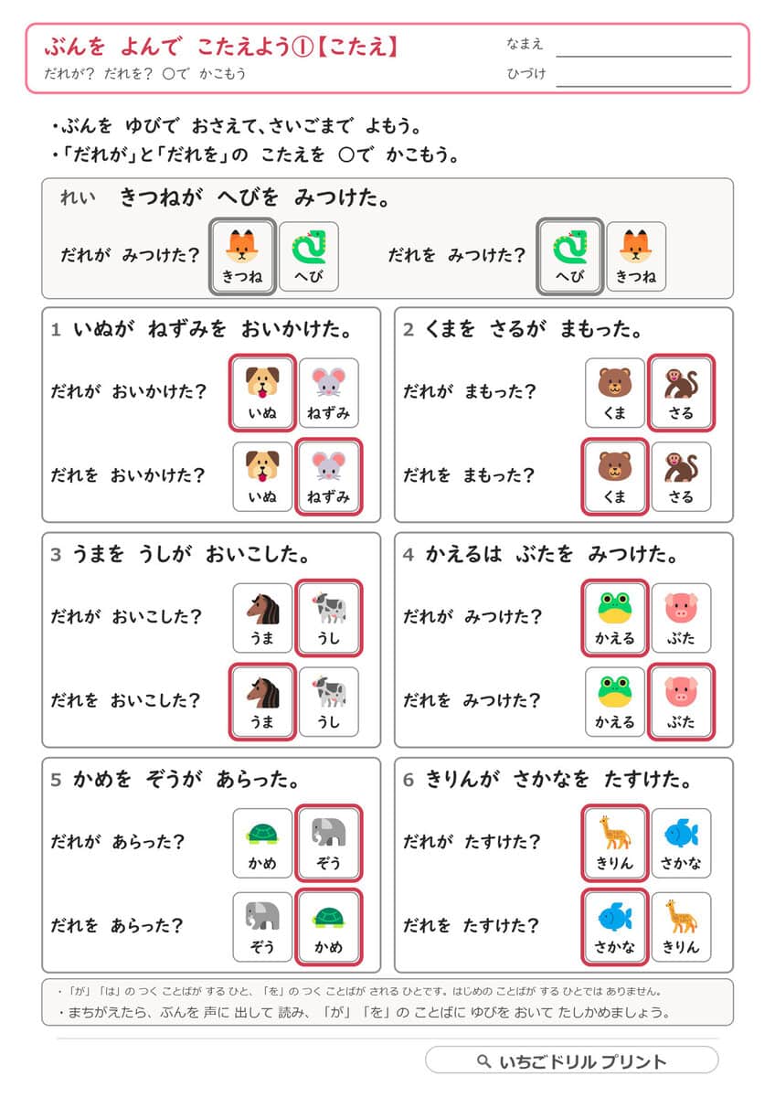小1文章読解プリント(基本)|1文のだれが・いつ・どこ・どうしてを見つける全5枚 答え(サンプル)