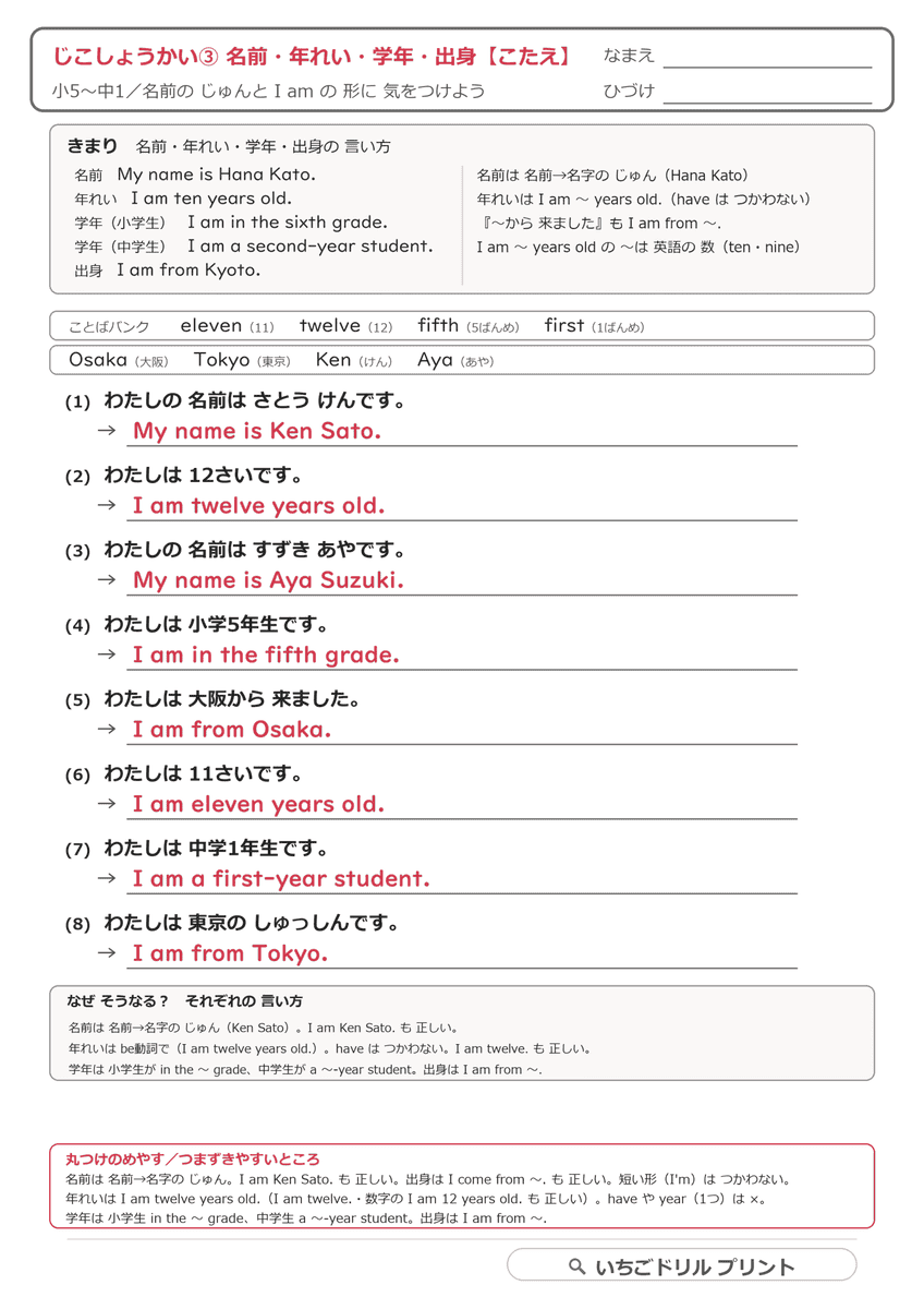 名前・年れい・学年・出身の答え