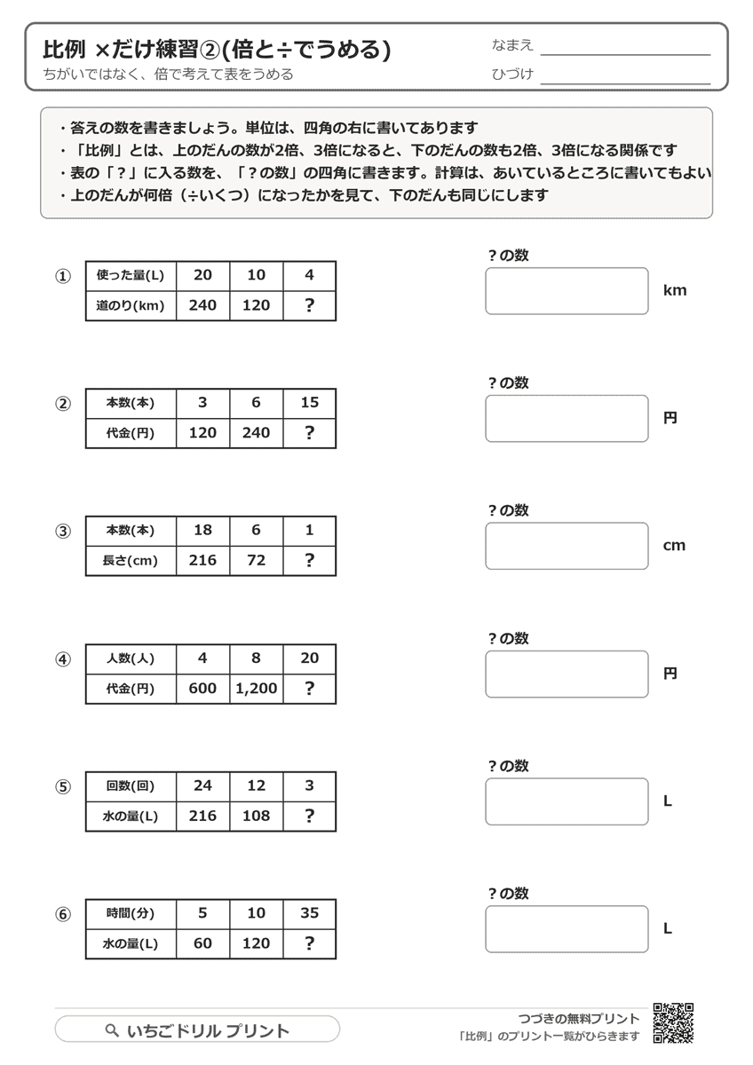 ×だけ練習②(倍と÷でうめる・6問) 問題(サンプル)