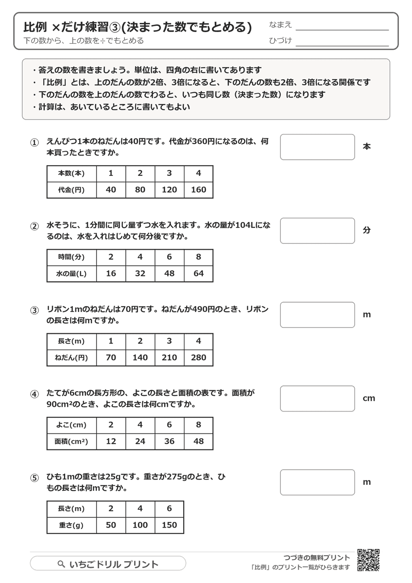 ×だけ練習③(決まった数でもとめる・5問) 問題(サンプル)