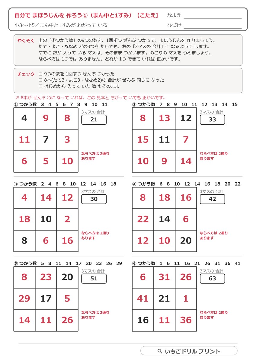 自分で まほうじんを 作ろう(発展・小学3〜5年生) 答え(サンプル)