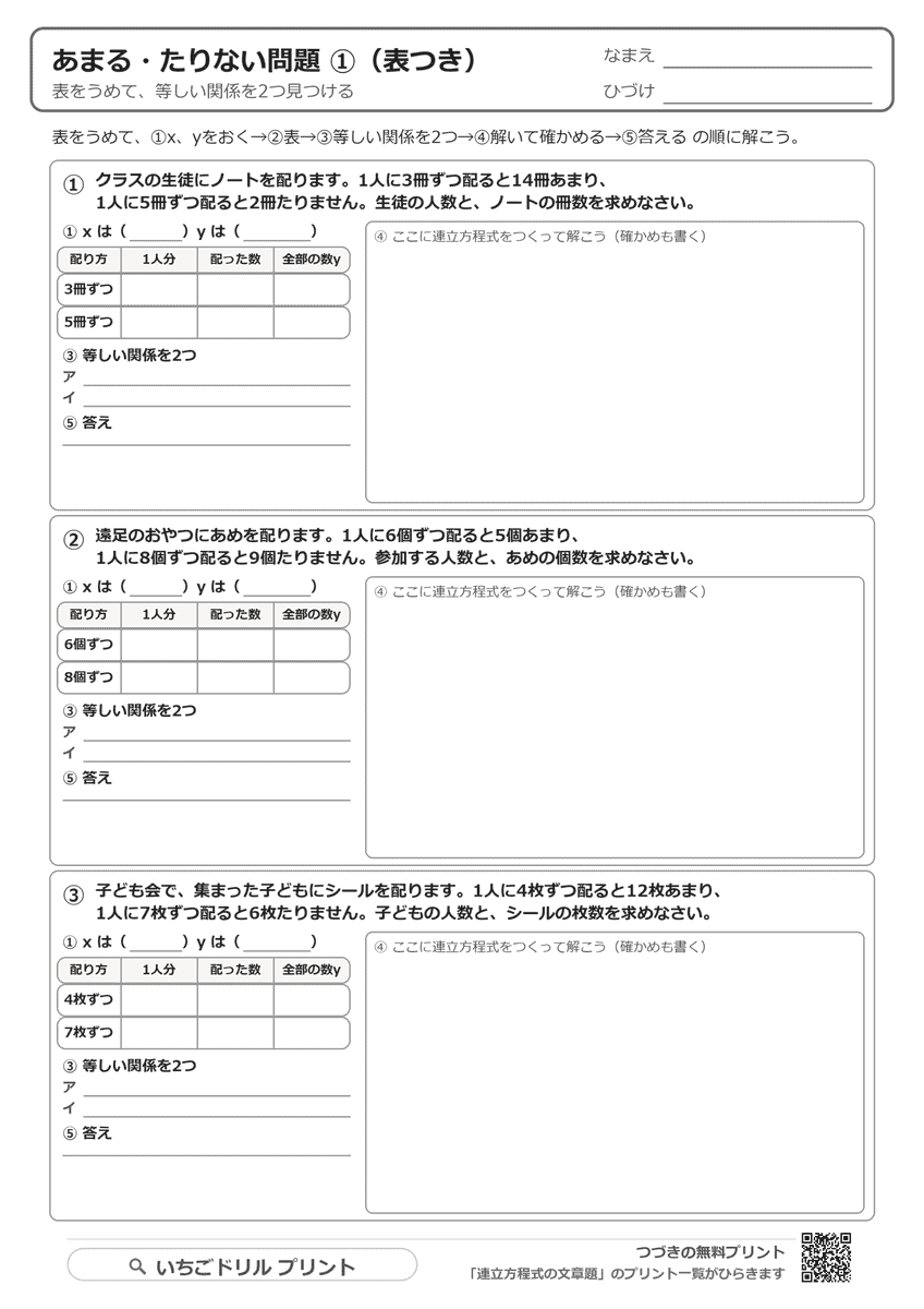 連立方程式の文章題プリント|あまる・たりない(基本から応用まで5枚・答えつき) 問題(サンプル)
